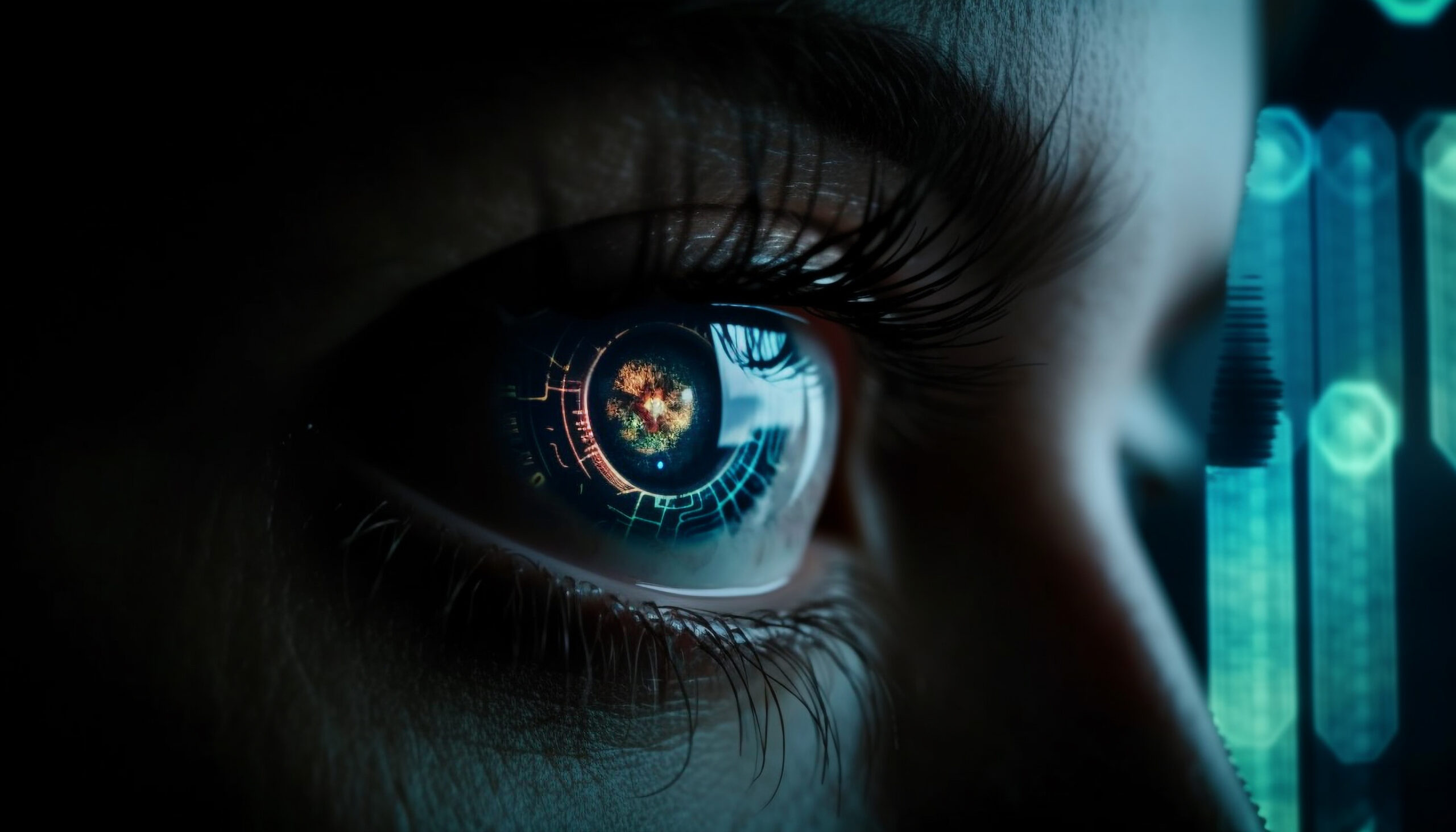 Human eye watching futuristic security system data generated by artificial intelligence